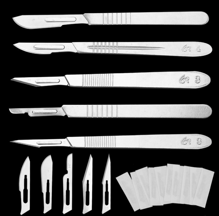 Tijeras de disección, fórceps, escalpel, cuchilla